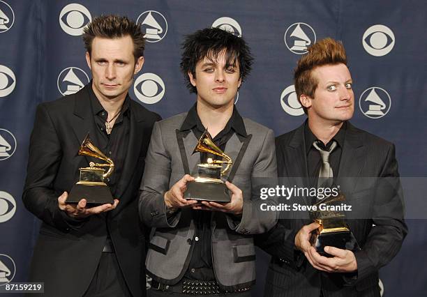 Mike Dirnt, Billie Joe Armstrong and Tre Cool of Green Day, winners of Record Of The Year for "Boulevard Of Broken Dreams"