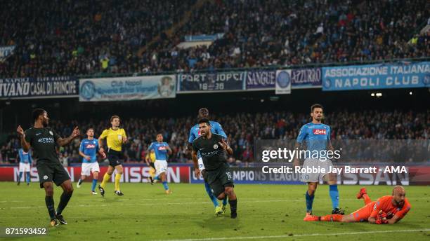 Sergio Aguero of Manchester City scores a goal to make it 2-3 during the UEFA Champions League group F match between SSC Napoli and Manchester City...