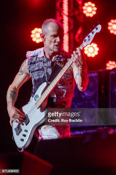 Flea of Red Hot Chili Peppers as they perform on stage during the 11th Annual Stand Up for Heroes at The Theater at Madison Square Garden on November...