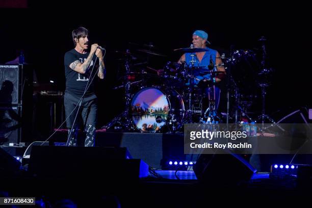 Anthony Kiedis and Chad Smith of Red Hot Chili Peppers as they perform on stage during the 11th Annual Stand Up for Heroes at The Theater at Madison...