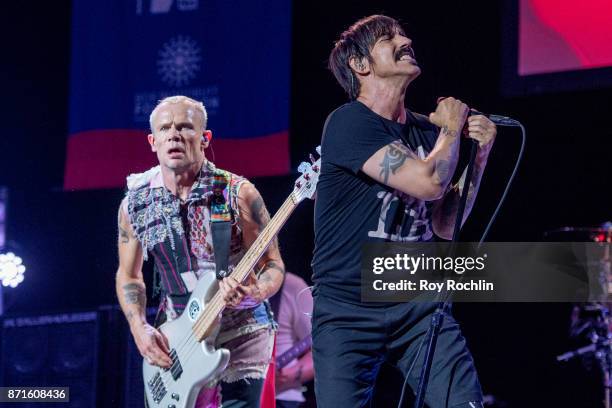 Flea and Anthony Kiedis of Red Hot Chili Peppers as they perform on stage during the 11th Annual Stand Up for Heroes at The Theater at Madison Square...