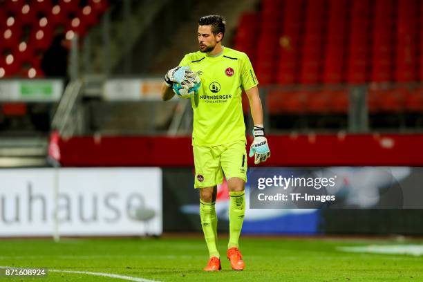 Goalkeeper Thorsten Kirschbaum of 1.FC Nuernberg controls the ball during the Second Bundesliga match between 1. FC Nuernberg and FC Ingolstadt 04 at...