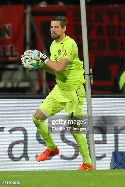 Goalkeeper Thorsten Kirschbaum of 1.FC Nuernberg controls the ball during the Second Bundesliga match between 1. FC Nuernberg and FC Ingolstadt 04 at...