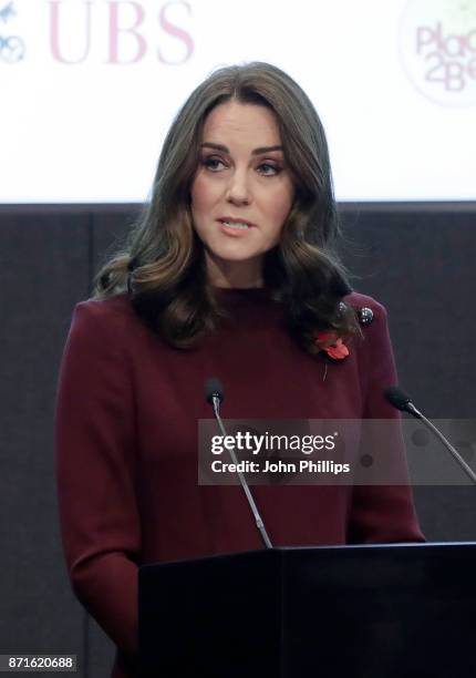 Catherine, Duchess Of Cambridge speaks at the annual Place2Be School Leaders Forum at UBS London on November 8, 2017 in London, England. Catherine,...