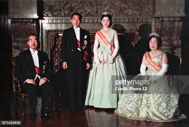 Wedding of Crown Prince Akihito and Princess Michiko 1960. Emperor Hirohito and Empress Nagako are shown with Crown prince Akihito of Japan.