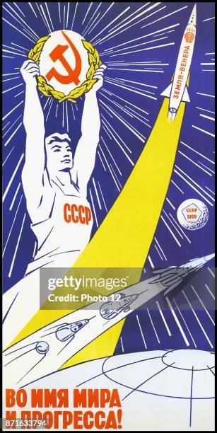 Soviet space program propaganda poster 1959.