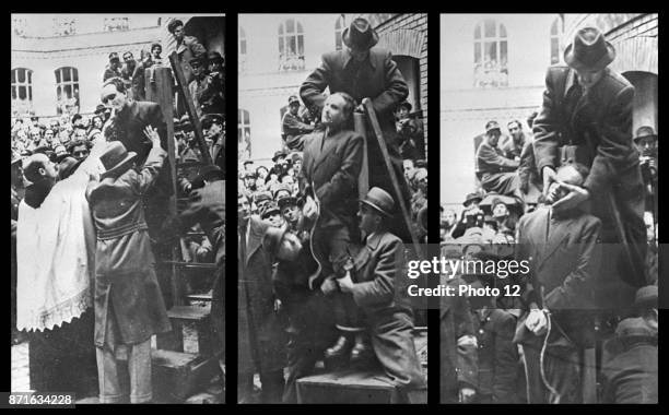 Photograph of Hungarian Prime Minister Ferenc Szalasi receiving the last rites before being hanged as a collaborator in Budapest. Dated 1946.