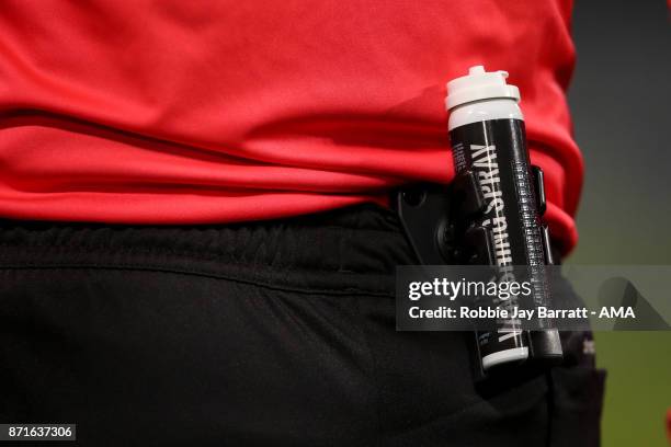 Vanishing Spray canister is seen during the UEFA Europa League group K match between Lazio Roma and OGC Nice at Stadio Olimpico on November 2, 2017...