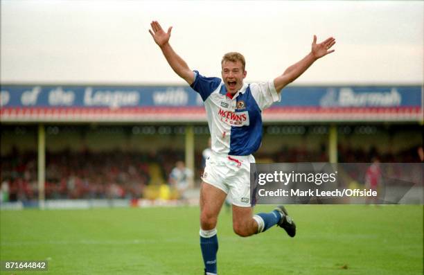 October 1993 Swindon : FA Carling Premiership - Swindon Town v Blackburn Rovers : Alan Shearer of Rovers celebrates a goal
