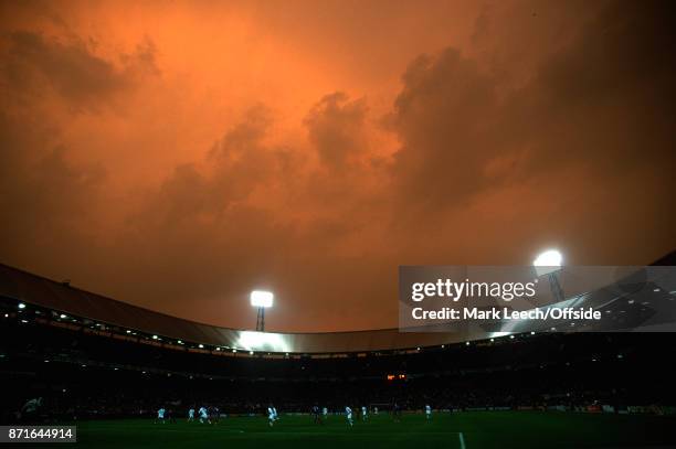 July 2000 Rotterdam : UEFA Euro Football Championships Final : France v Italy : a dramatic orange sky over the Feyenoord Stadium