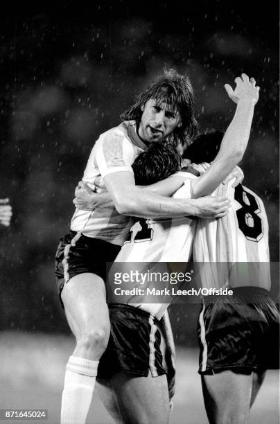 September 1984 Brussels : International football friendly match: Belgium v Argentina : Ricardo Gareca of Argentina celebrates the opening goal for...