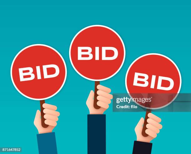 bidder auction paddles - bid signs stock illustrations