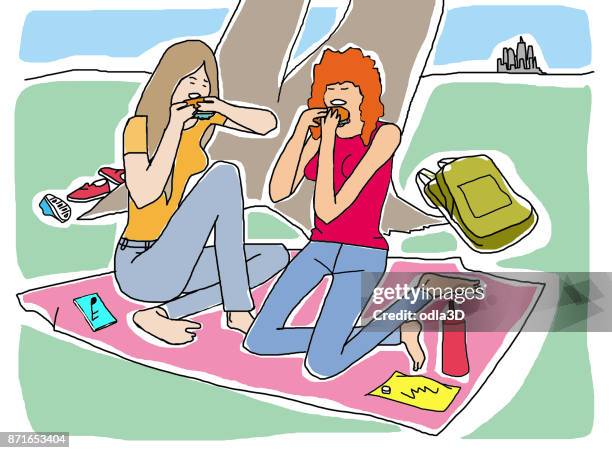 two women camping - foodie stock illustrations