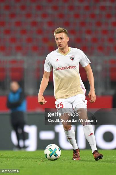 Hauke Wahl of FC Ingolstadt 04 plays the ball during the Second Bundesliga match between 1. FC Nuernberg and FC Ingolstadt 04 at Max-Morlock-Stadion...