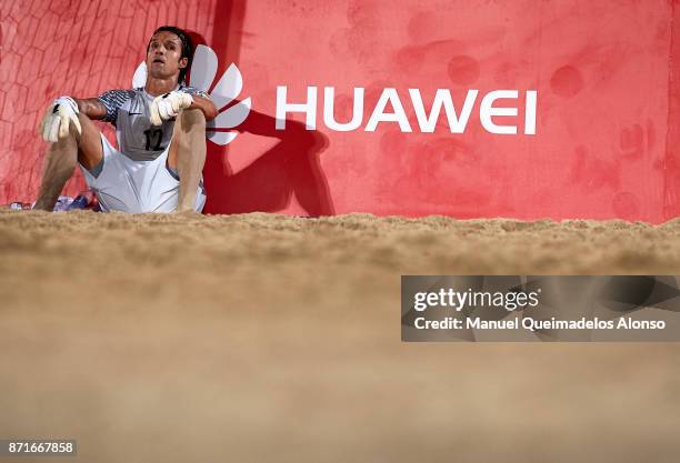 Elinton Andrade of Portugal reacts after the Huawei Intercontinental Beach Soccer Cup Final match between Brazil and Portugal at Marasi Business Bay...