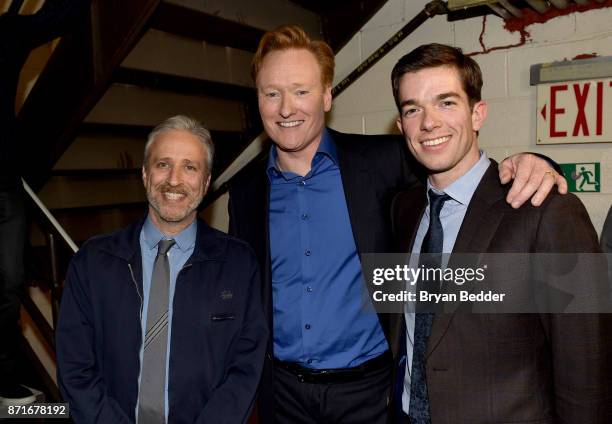 Jon Stewart, Conan O'Brien and John Mulaney attend the 11th Annual Stand Up for Heroes Event presented by The New York Comedy Festival and The Bob...