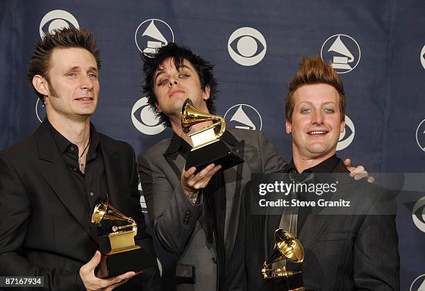 Mike Dirnt, Billie Joe Armstrong and Tre Cool of Green Day, winners of Record Of The Year for "Boulevard Of Broken Dreams"