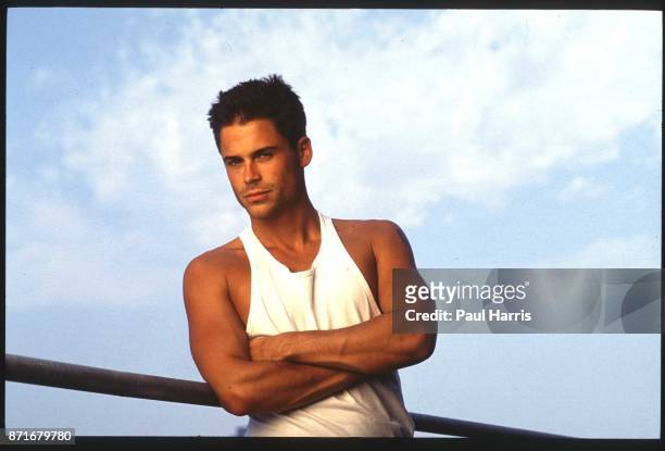 Rob Lowe, actor, photographed on the balcony of his publicist"u2019s offices in Beverly Hills February 3, 1990 Beverly Hills, Los Angeles, California