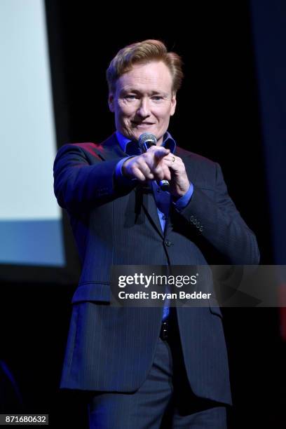 Conan O'Brien speaks onstage during the 11th Annual Stand Up for Heroes Event presented by The New York Comedy Festival and The Bob Woodruff...