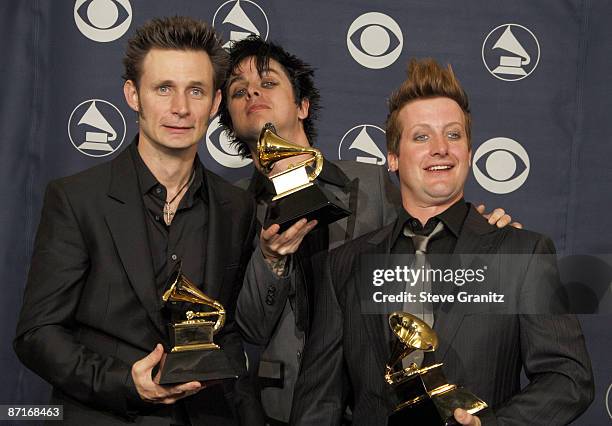 Mike Dirnt, Billie Joe Armstrong and Tre Cool of Green Day, winners of Record Of The Year for "Boulevard Of Broken Dreams"