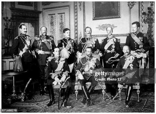 Photograph of the nine European Monarch at attendance of King Edward VII's funeral. Standing from left to right: King Haakon VII of Norway, Tsar...