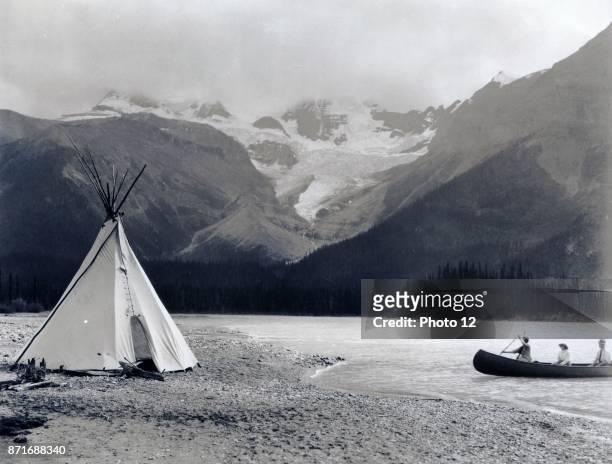 Photograph of Maligne Lake and Mt Unwin, Jasper National Park, Alberta, Canada. Dated 1915.