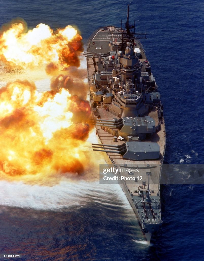 Gunney Shell USS Iowa firing a full broadside during a gunnery demonstration, 15 ...