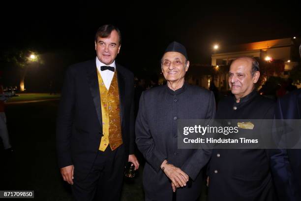 British High Commissioner Sir Dominic Asquith with Karan Singh and Pravin Chawla during the fundraiser for Lepra India Trust at the residence of the...