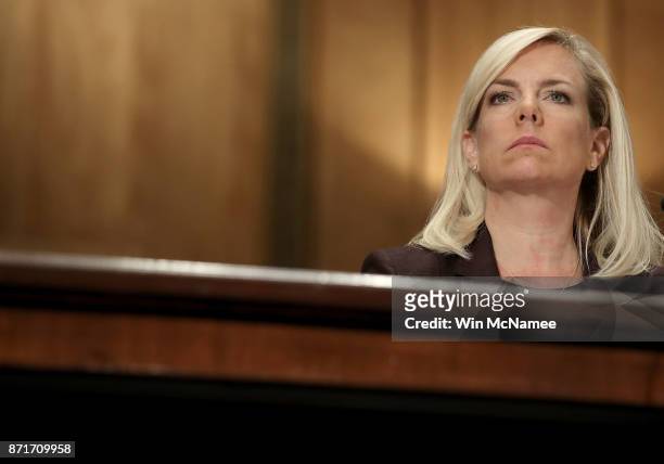 Kirstjen Nielsen, nominee to be the next Secretary of the Homeland Security Department, testifies before the Senate Homeland Security and...