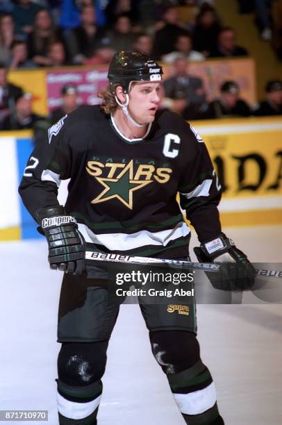 Derian Hatcher of the Dallas Stars skates against the Toronto Maple Leafs during NHL game action on March 15, 1996 at Maple Leaf Gardens in Toronto,...