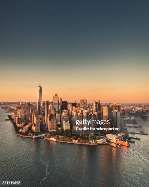 manhattan island aerial view - island stock pictures, royalty-free photos & images