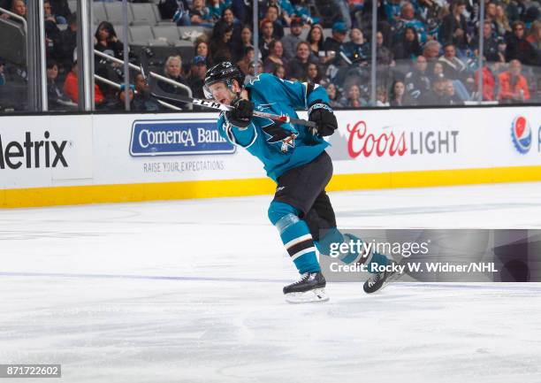 Tim Heed of the San Jose Sharks shoots the puck against the Anaheim Ducks at SAP Center on November 4, 2017 in San Jose, California.