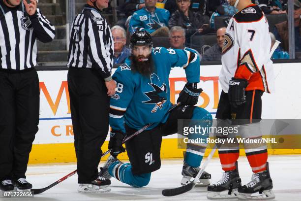 Brent Burns of the San Jose Sharks looks on during the game against the Anaheim Ducks at SAP Center on November 4, 2017 in San Jose, California.