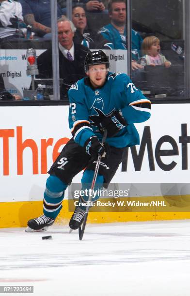 Tim Heed of the San Jose Sharks skates with the puck against the Anaheim Ducks at SAP Center on November 4, 2017 in San Jose, California.