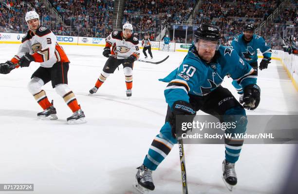 Chris Tierney of the San Jose Sharks skates after the puck against the Anaheim Ducks at SAP Center on November 4, 2017 in San Jose, California.