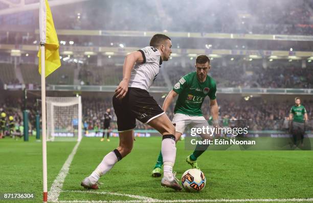 Dublin , Ireland - 5 November 2017; Michael Duffy of Dundalk in action against Steven Beattie of Cork City during the Irish Daily Mail FAI Senior Cup...