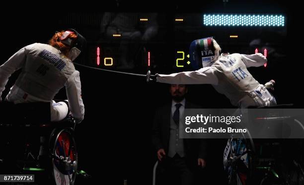 Beatrice Vio of Italy in action during the Women's foil fencing rounds during the IWAS Wheelchair Fencing World Championships on November 8, 2017 in...