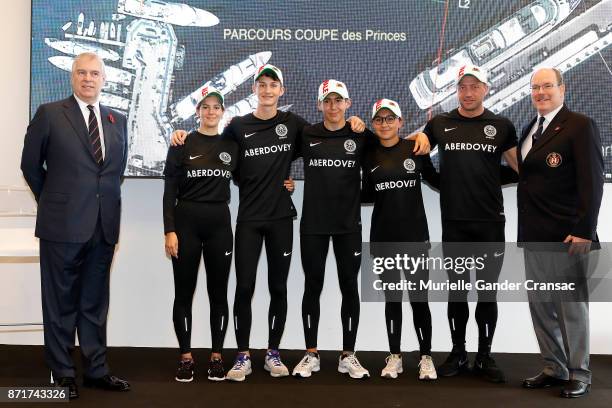Prince Andrew, Duke of York and Prince Albert II of Monaco pose with ABERDOVEY during the 1st Prince's Cup In Monaco on November 8, 2017 in Monaco,...