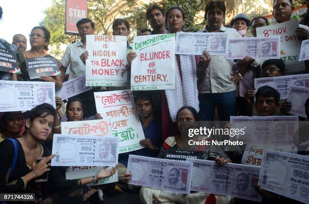 Indian Congress activists protesting against the central government decision on the eve of first anniversary of demonetisation in Kolkata, India on...