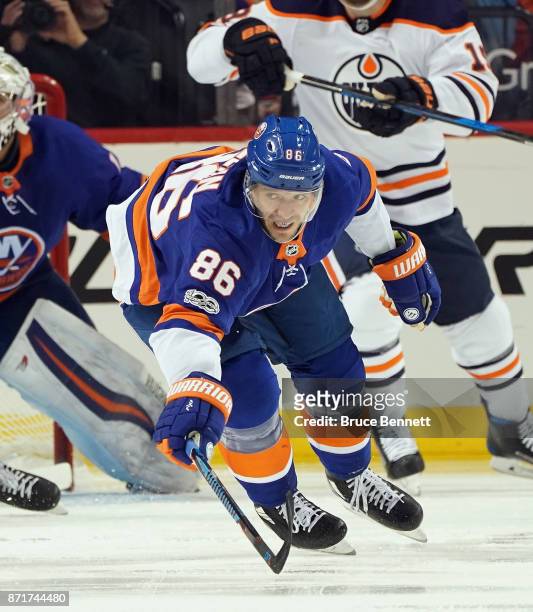 Nikolay Kulemin of the New York Islanders skates against the Edmonton Oilers at the Barclays Center on November 7, 2017 in the Brooklyn borough of...