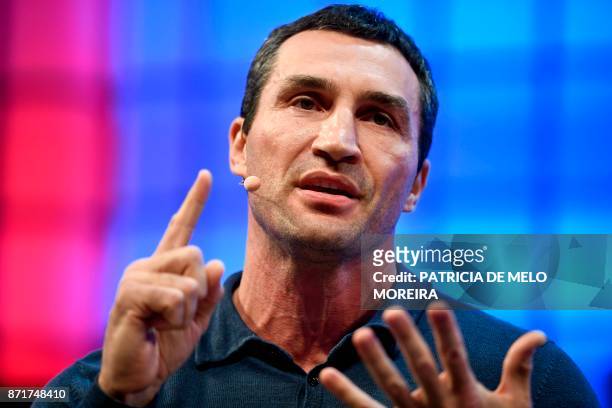 Klitschko Ventures' chief executive officer and boxing legend Wladimir Klitschko gives an interview during the 2017 Web Summit in Lisbon on November...