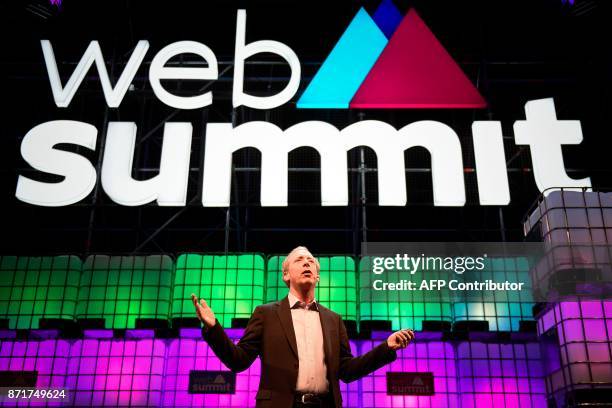 Microsoft president and chief legal officer Brad Smith delivers a speech during the 2017 Web Summit in Lisbon on November 8, 2017. Europe's largest...