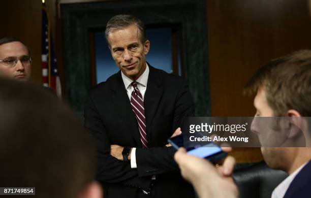 Committee Chairman Sen. John Thune talks to reporters after a hearing before Senate Commerce, Science and Transportation Committee November 8, 2017...