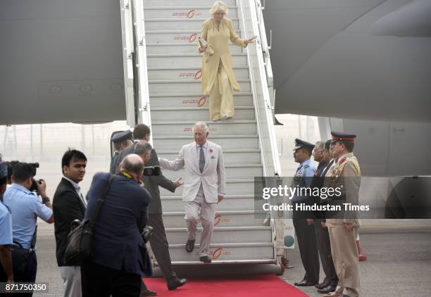 Charles, Prince of Wales and Camilla, Duchess of Cornwall arrive at Air Force Station Palam on November 8, 2017 in New Delhi, India. Prince Charles,...