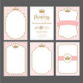 A set of cute pink templates for invitations. Vintage gold frame with crown. A little princess party.