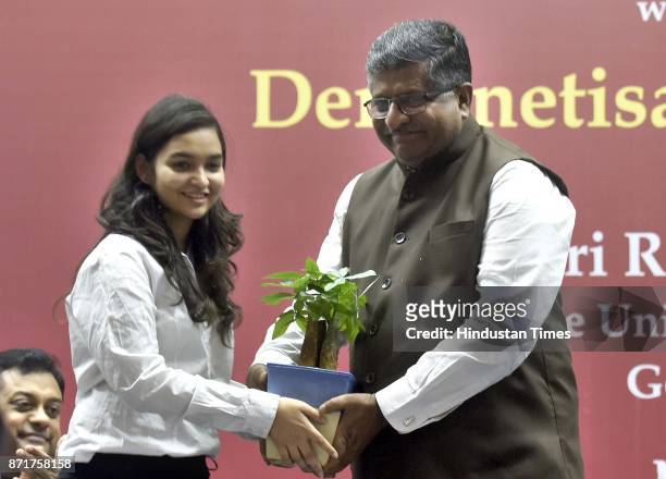 Union Minister Ravi Shankar Prasad at a function on demonetisation and its results, as SRCC celebrate Anti-Corruption Day on the completion of one...