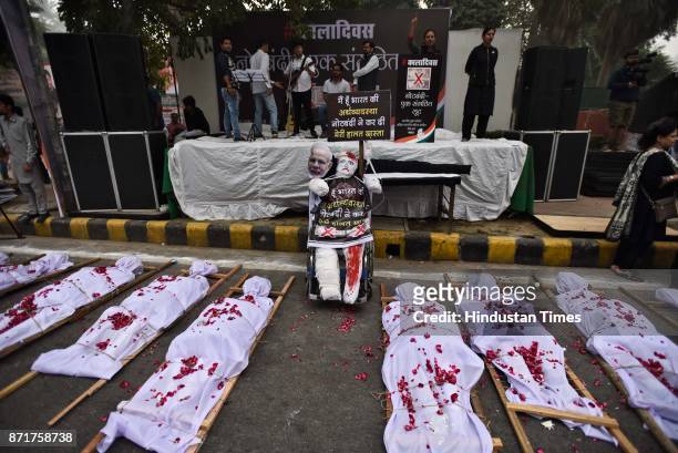 Indian Youth Congress observed Black Day on the first anniversary of demonitisation at Raisina Road, on November 8, 2017 in New Delhi, India. As the...