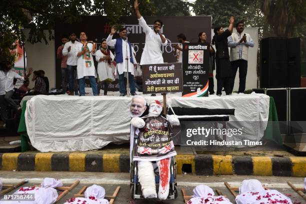 Indian Youth Congress observed Black Day on the first anniversary of demonitisation at Raisina Road, on November 8, 2017 in New Delhi, India. As the...