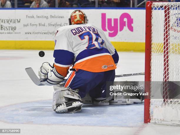 Kristers Gudlevskis of the Bridgeport Sound Tigers makes a save at the Webster Bank Arena on November 8, 2017 in Bridgeport, Connecticut.