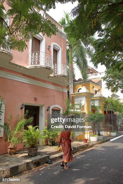 a banana-seller walking in a beautiful pondicherry road. - pondicherry stock pictures, royalty-free photos & images
